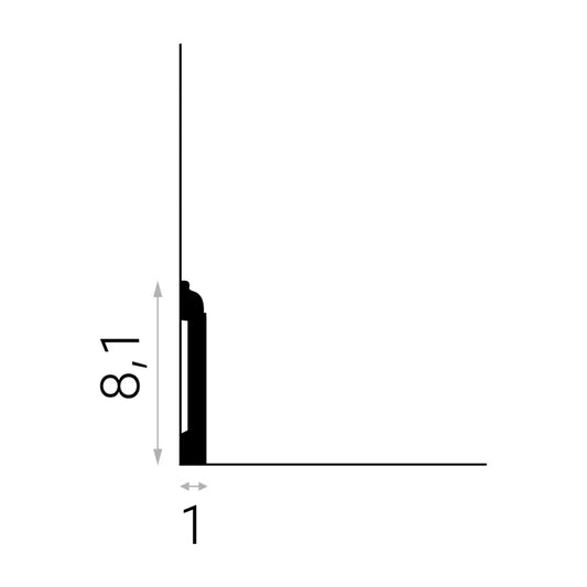 Schéma de la plinthe MD258 indiquant 200 cm de long, 8,1 cm de hauteur et 1 cm d’épaisseur