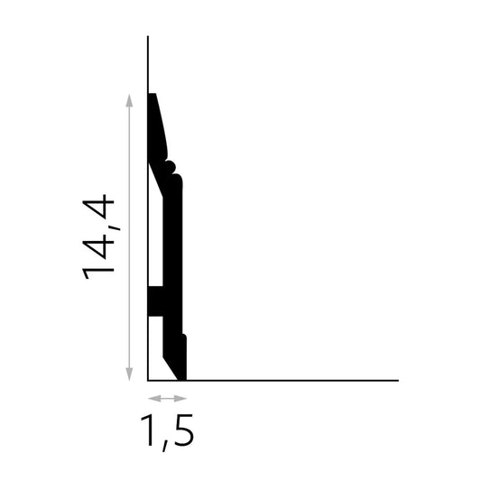 Schéma de la plinthe MD361 : longueur 200 cm, hauteur 14,4 cm, épaisseur 1,5 cm, vue technique
