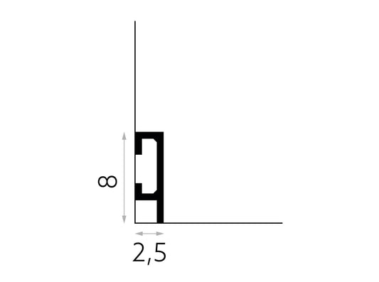 Schéma de la plinthe QL019 avec ses dimensions 200 cm de long, 8 cm de haut et 2,5 cm d’épaisseur