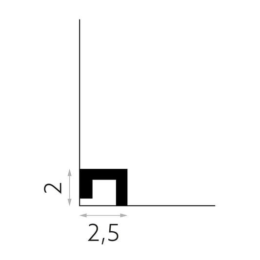 Schéma de la plinthe QL021 montrant 200 cm de longueur, 2,5 cm d’épaisseur et 2 cm de hauteur