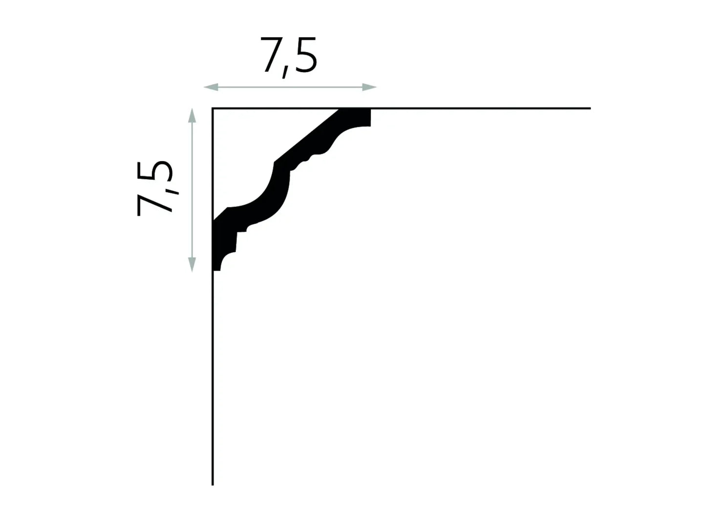 Schéma technique de la corniche MDA106, moulure en plâtre pour plafond, dimensions 7,5 cm x 7,5 cm