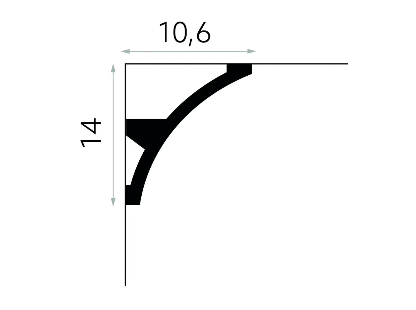 Profil technique de la corniche MDB101, moulure en plâtre pour plafond avec support LED intégré, dimensions 14 cm x 10,6 cm