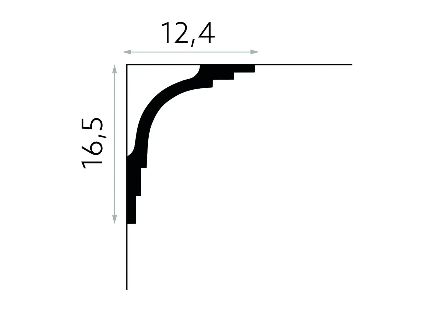 Schéma de la corniche MDB104, moulure en plâtre pour plafond, dimensions 16,5 cm x 12,4 cm avec profil galbé et géométrique