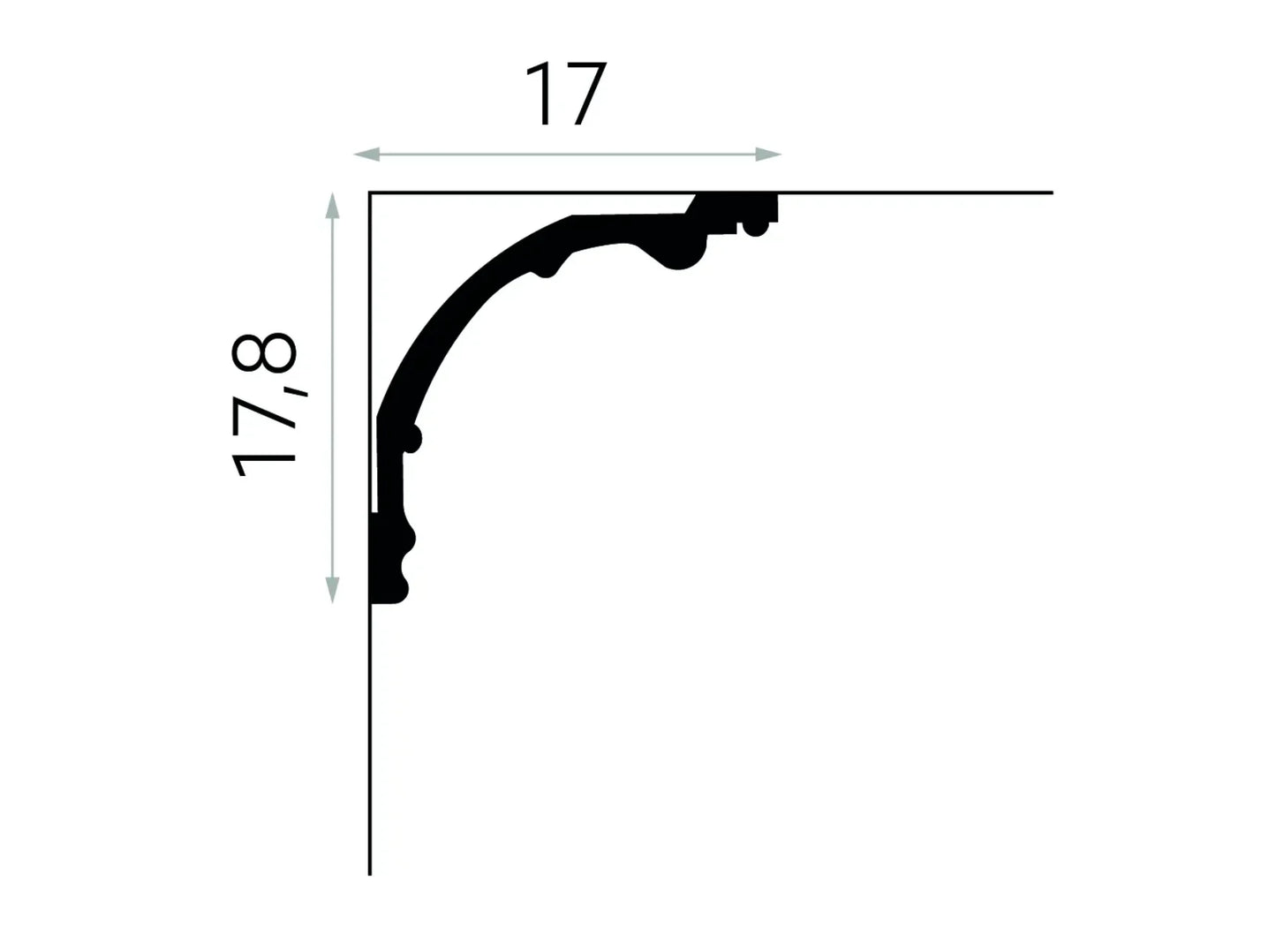 Schéma de la corniche MDB128, moulure en plâtre pour plafond, dimensions 17,8 cm x 17 cm, profil galbé décoratif