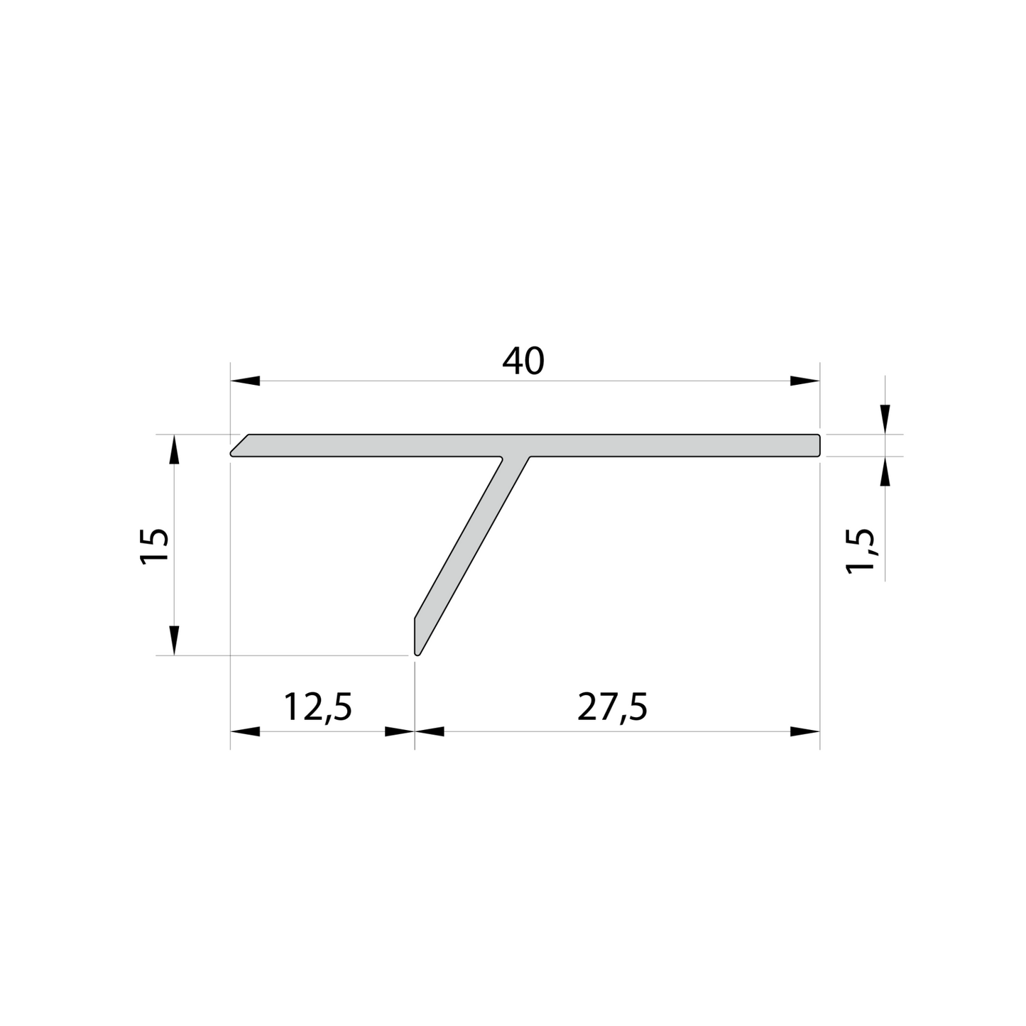 Schéma technique du profilé joint creux plafond et cloison, dimensions 40 x 15 x 10 mm, longueur 3 m