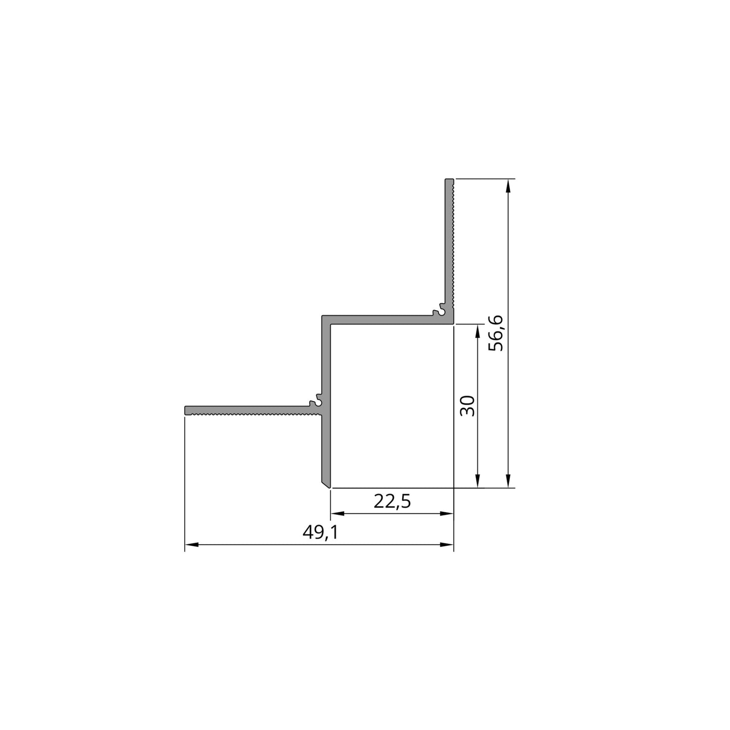 Schéma technique du profilé plafond joint creux 22,5 x 30 mm en aluminium, vue de coupe détaillée