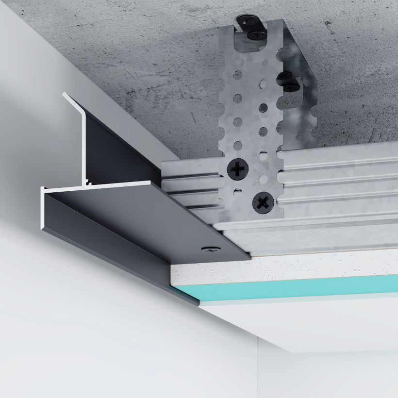 Profilé joint creux plafond noir 66,6 x 66,1 mm installé sous faux plafond – finition moderne et discrète