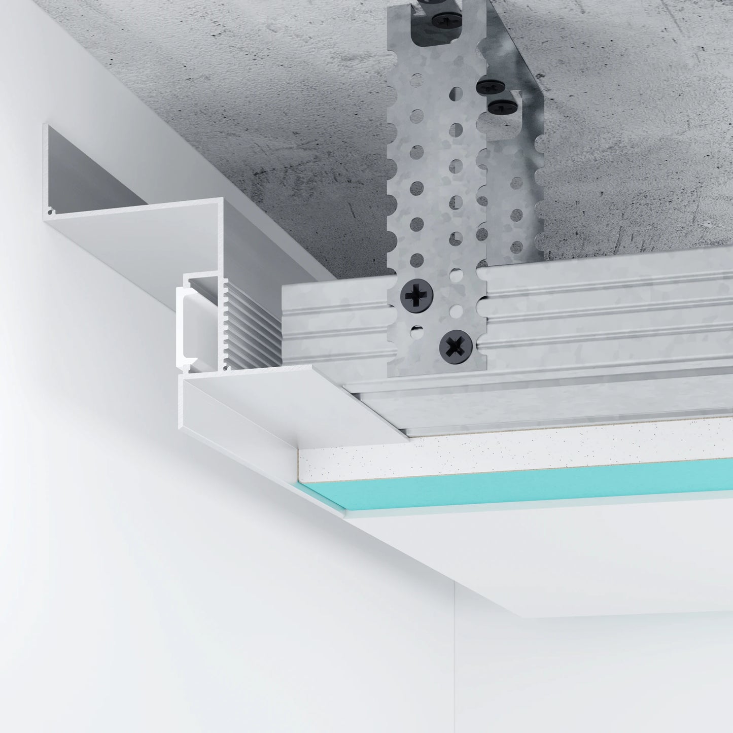 Vue en coupe du profilé LED aluminium 40 mm pour éclairage indirect au plafond, intégré à une structure en placo. Solution idéale pour une lumière d’ambiance moderne