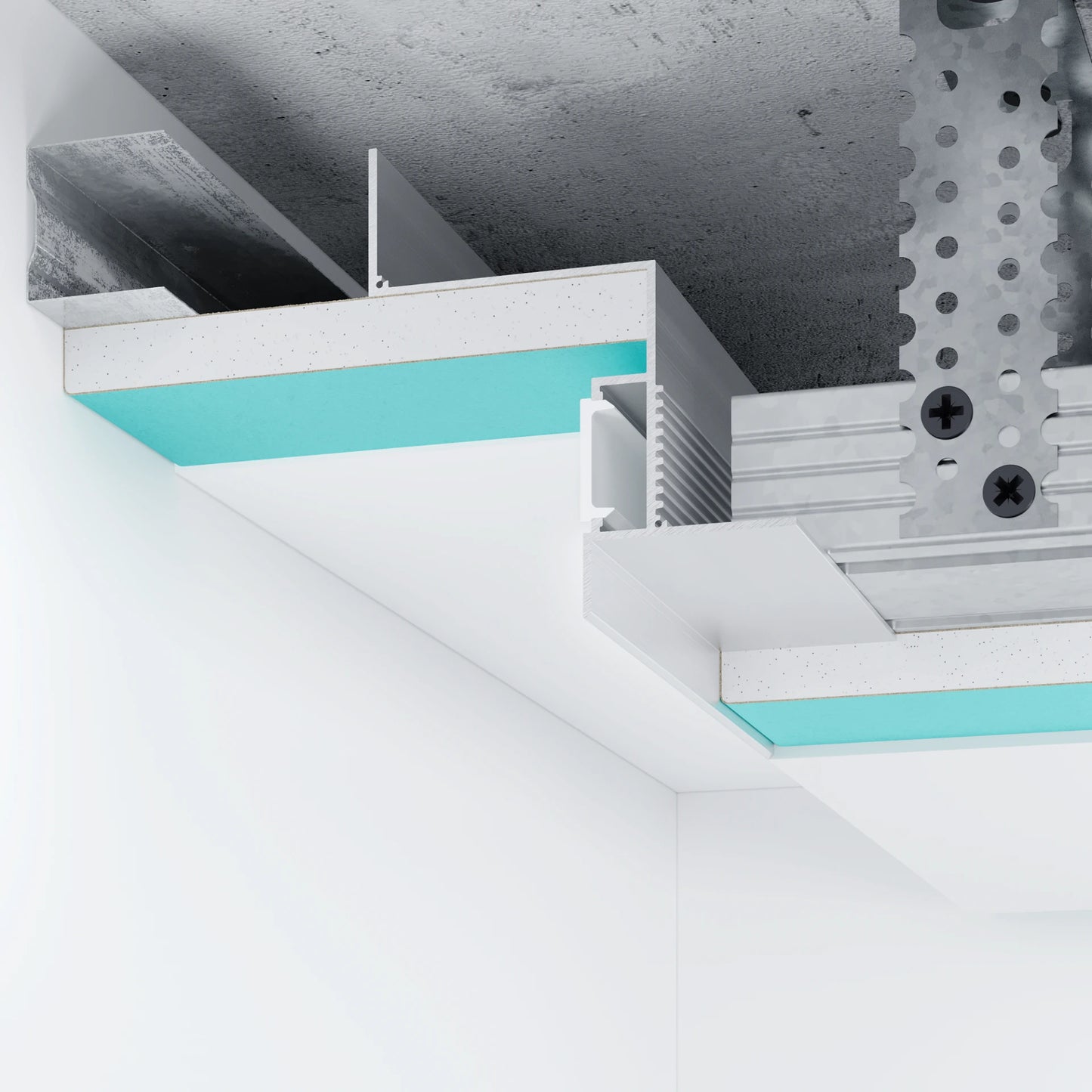 Structure de fixation du profilé LED aluminium 40 mm pour faux plafond avec éclairage indirect. Installation propre et discrète