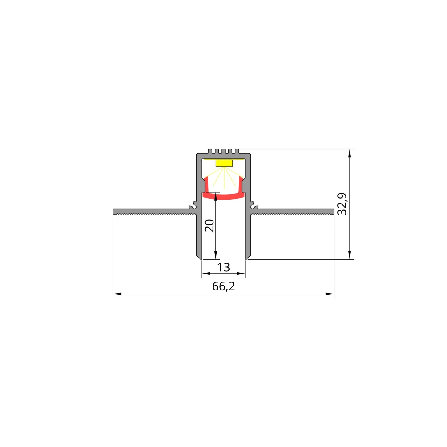 Schéma technique du profilé LED encastré aluminium 13 mm avec dimensions précises