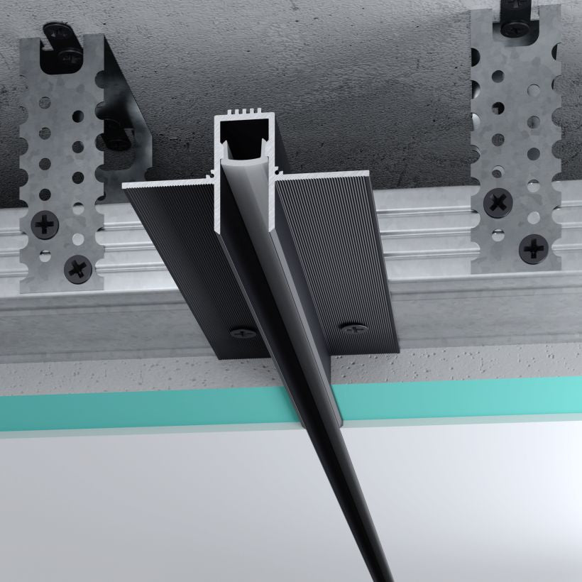 Profilé LED encastré noir en aluminium 13 mm, installation au plafond entre plaques de plâtre, longueur 3 mètres
