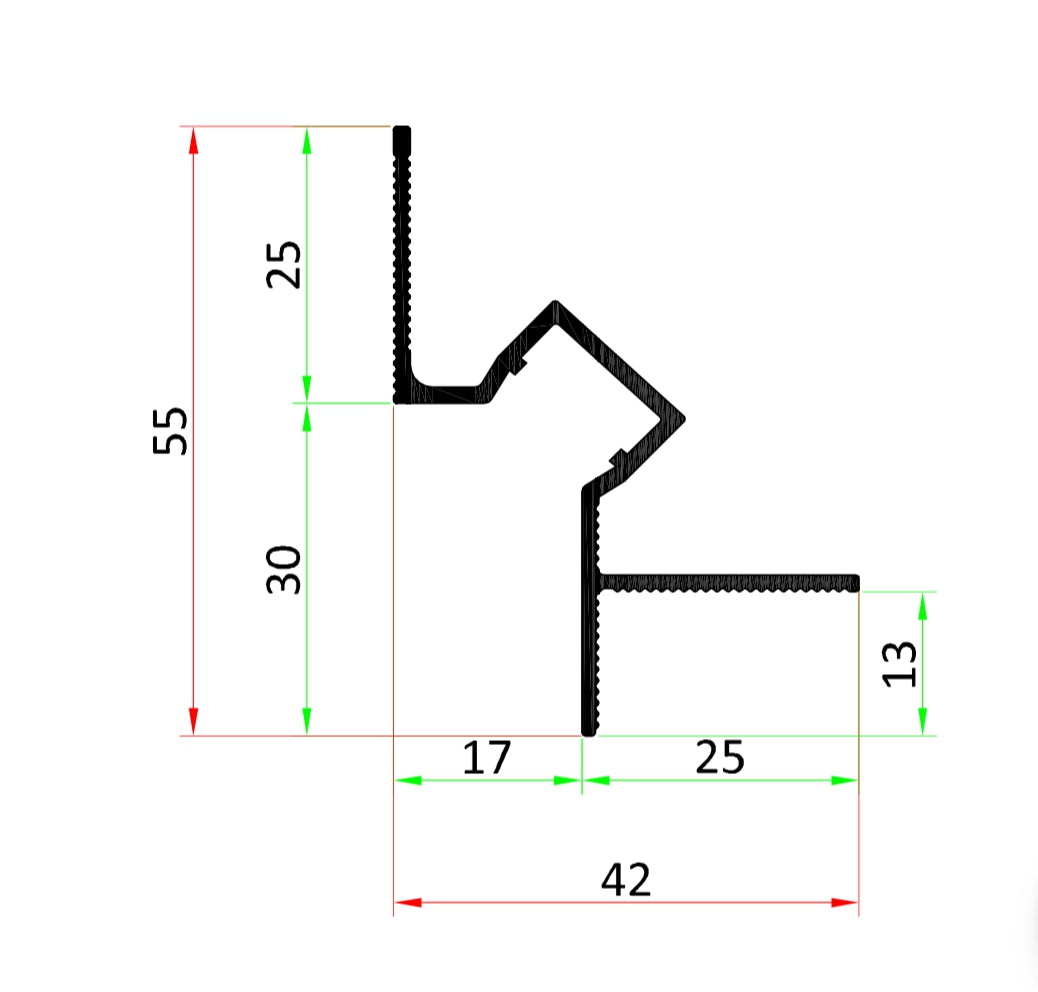 Schéma technique du profilé LED noir 2,5 m avec les côtes précises et dimensions du joint creux