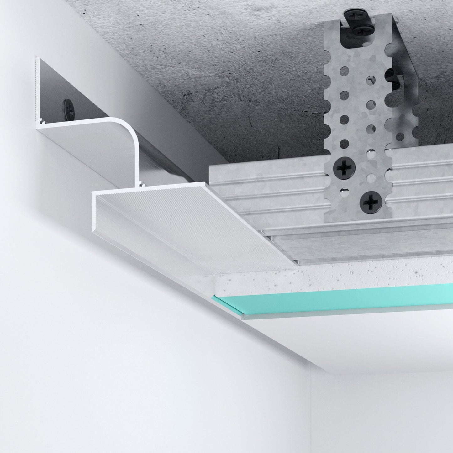 Profilé LED P13 en aluminium blanc, design arrondi, installation au plafond pour éclairage indirect et décoratif
