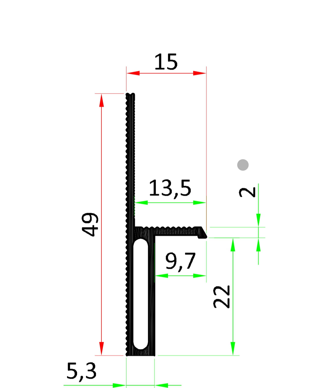 Schéma profilé aluminium 2 m pour joints creux cloison, dimensions détaillées pour pose encastrée