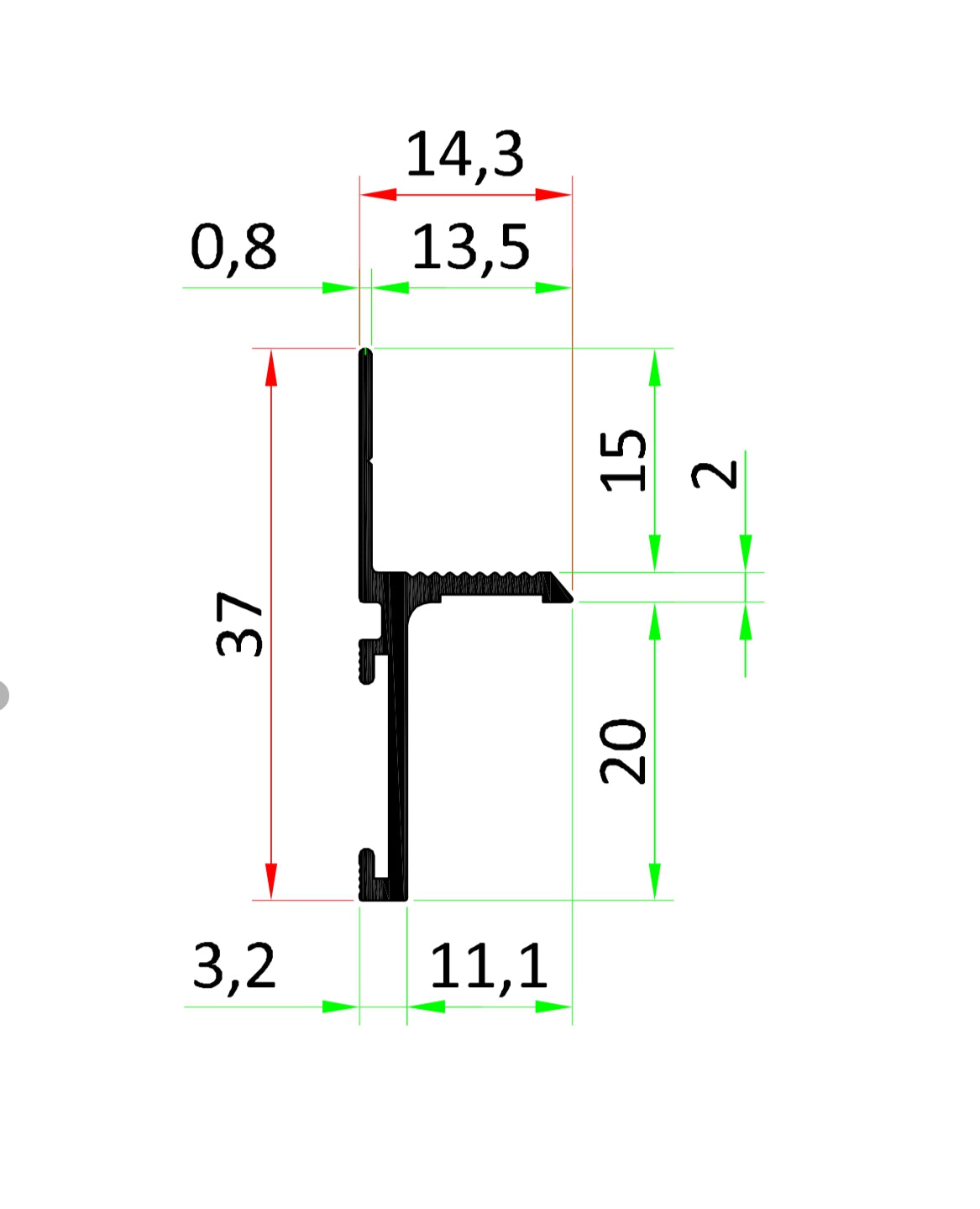Schéma du profilé aluminium anodisé noir avec dimensions et installation pour joint creux