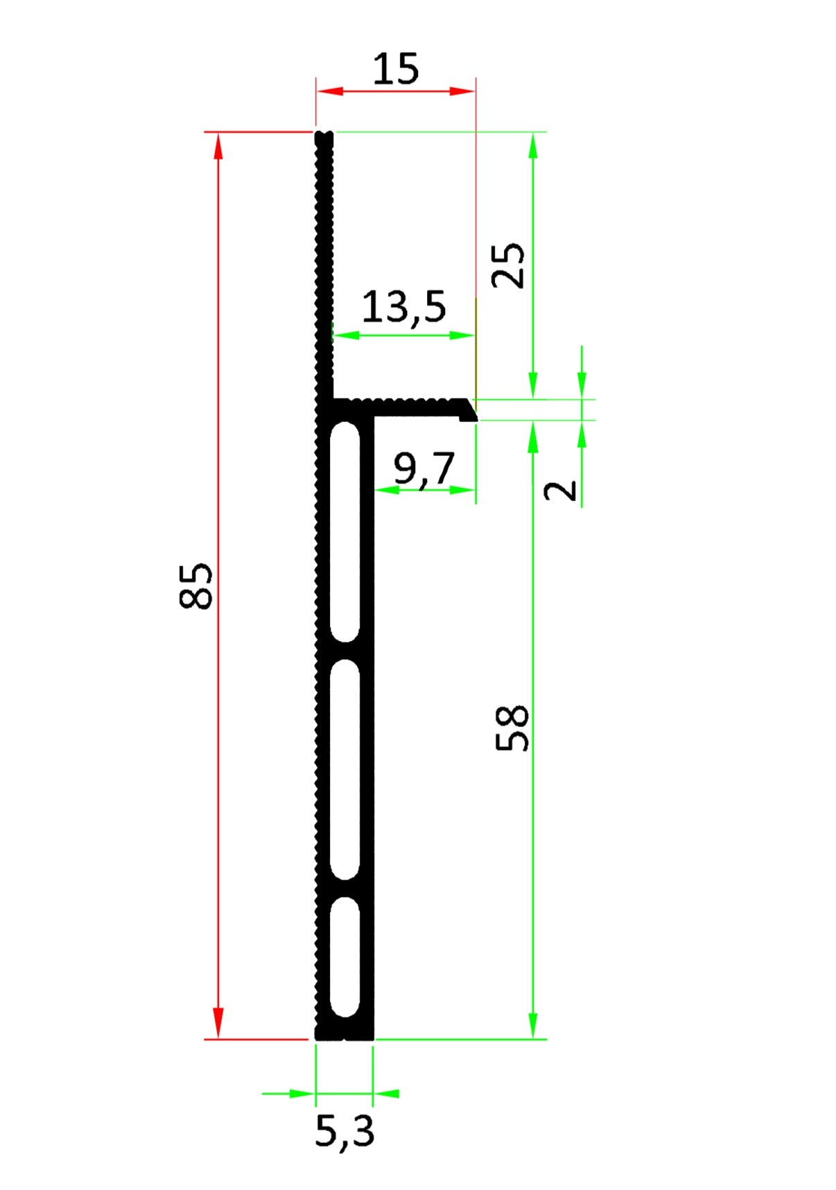 Schéma de dimensions du profilé pour plinthe invisible en bois FL60