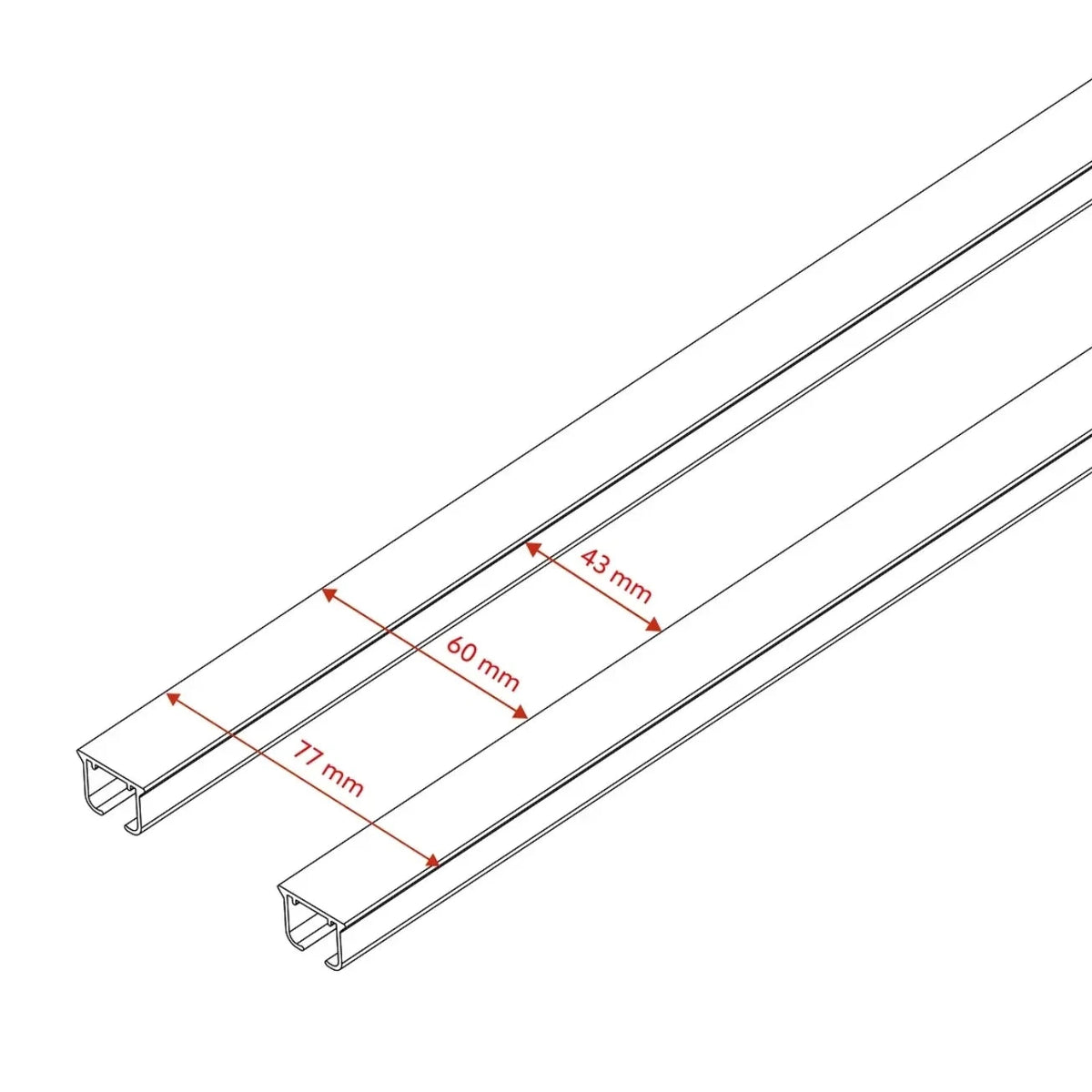 Dimensions double rail rideaux plafond 100 cm - écartement 43 mm