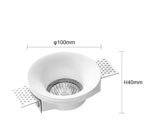 Schéma du spot invisible avec ampoule + douille GU10 – Ø100 mm, H 40 mm – encastrement plafond plaques de plâtre