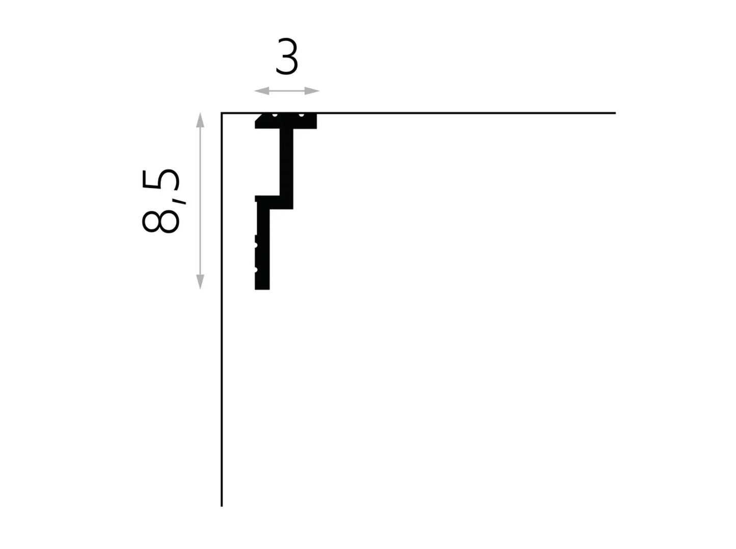 Schéma technique de la corniche cache-rideau QL024 indiquant les dimensions 8,5 cm de hauteur et 3 cm de profondeur
