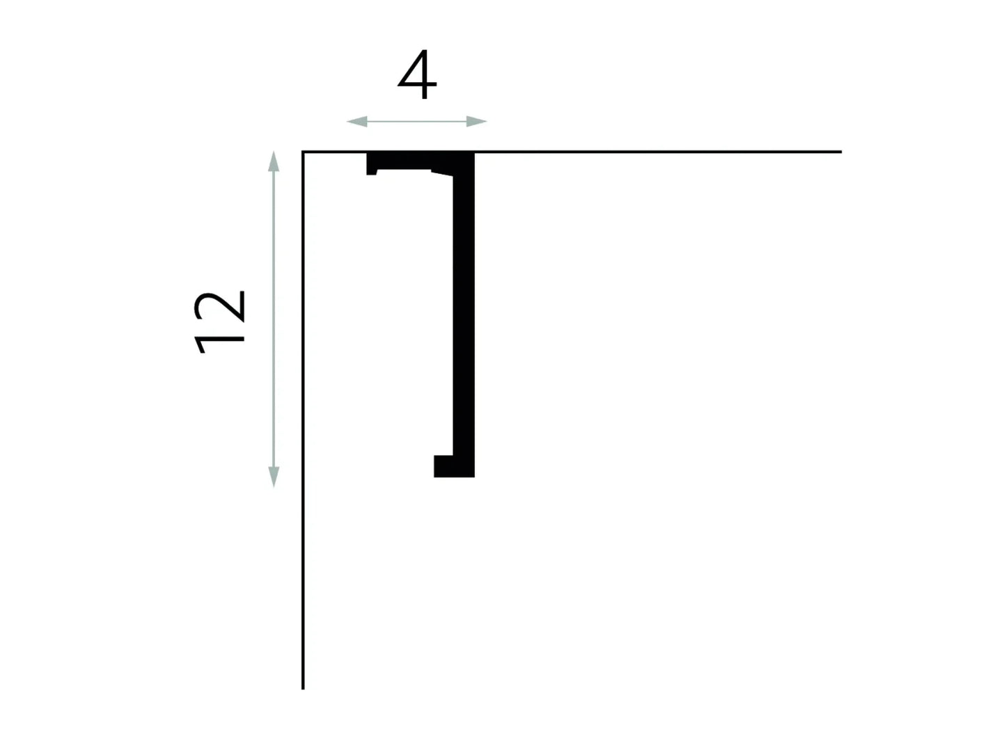 Schéma technique de la corniche cache-rideau QL035T indiquant des dimensions de 200 x 12 x 4 cm