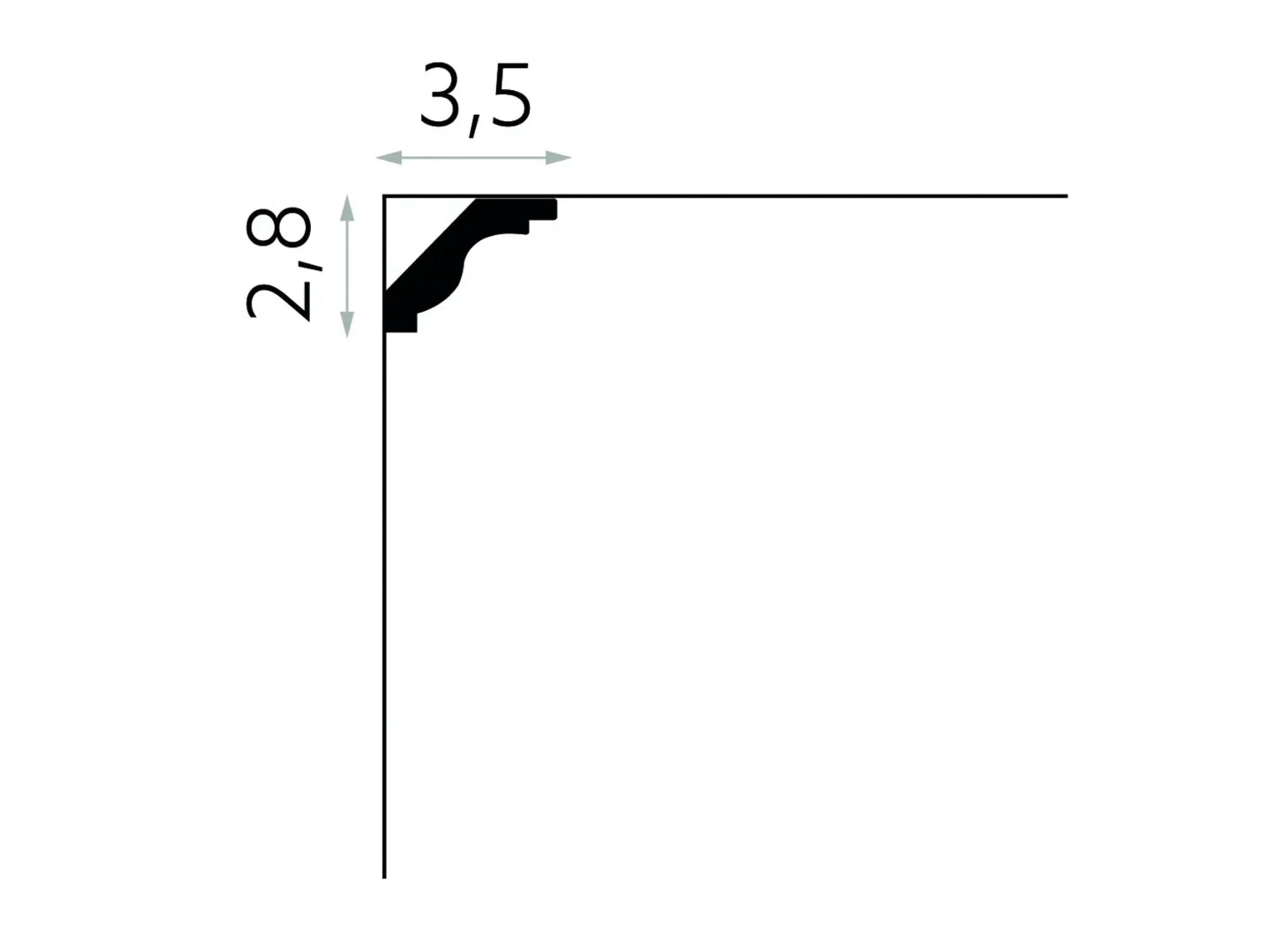 Schéma technique de la corniche de plafond flexible MDB135F 200 x 2,8 x 3,5 cm, profil décoratif souple idéal pour plafonds arrondis et murs cintrés.