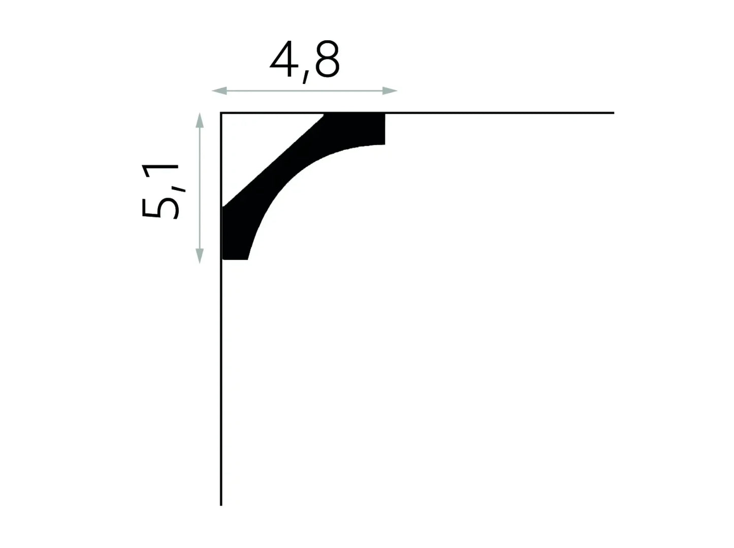 Schéma technique de la corniche de plafond flexible MDB210F 200 x 5,1 x 4,8 cm, profil arrondi en polymère souple pour plafonds et murs cintrés.