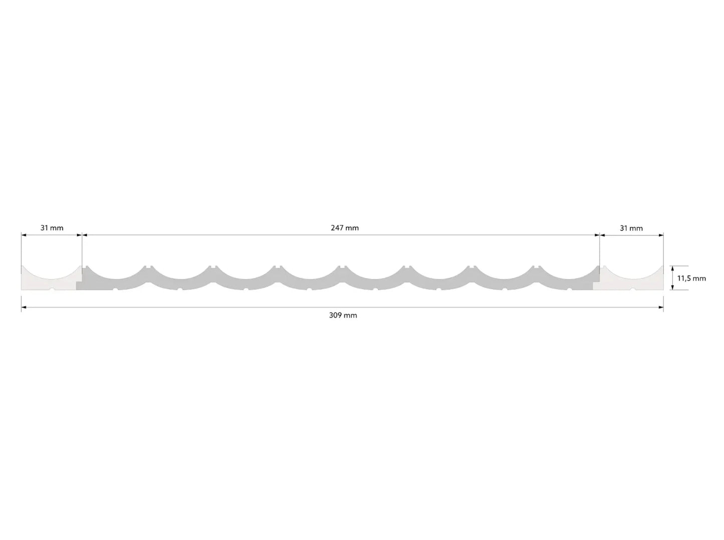 Schéma technique du panneau mural Lumio WP002 avec extrémités - dimensions détaillées en mm