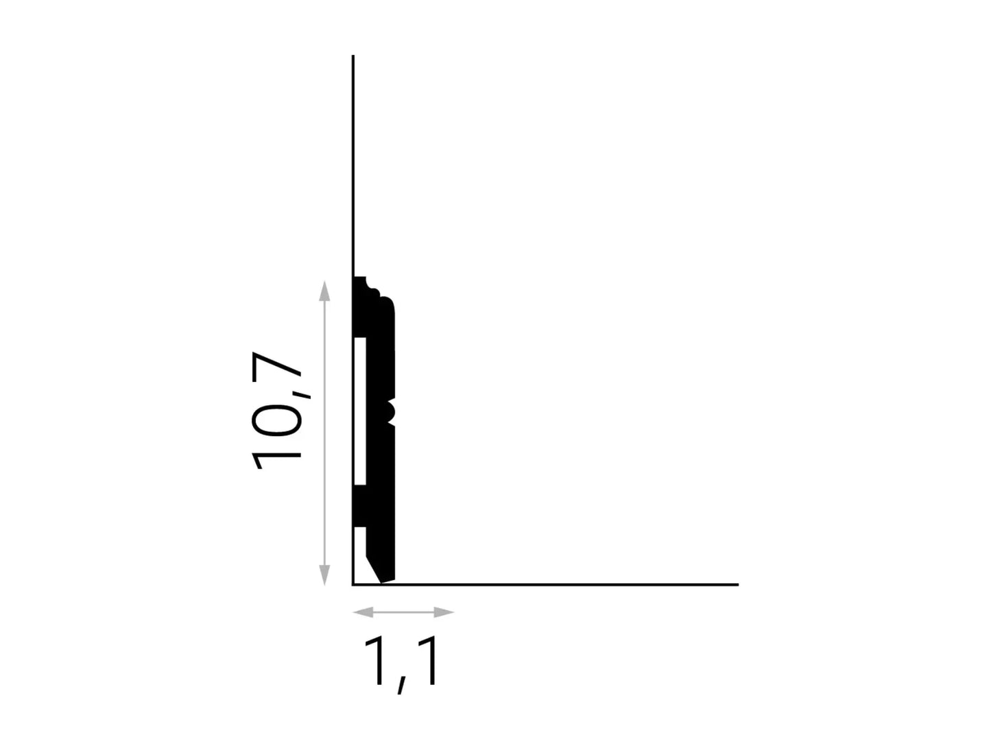 Schéma technique de la plinthe décorative MD354 avec hauteur 10,7 cm et épaisseur 1,1 cm – moulure murale élégante