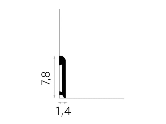 Schéma technique de la plinthe flexible MD234F 200 x 7,8 x 1,4 cm, profil pour murs droits ou courbés