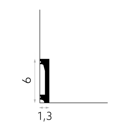Schéma technique de la plinthe décorative MD032 - hauteur 6 cm, épaisseur 1,3 cm, longueur 200 cm