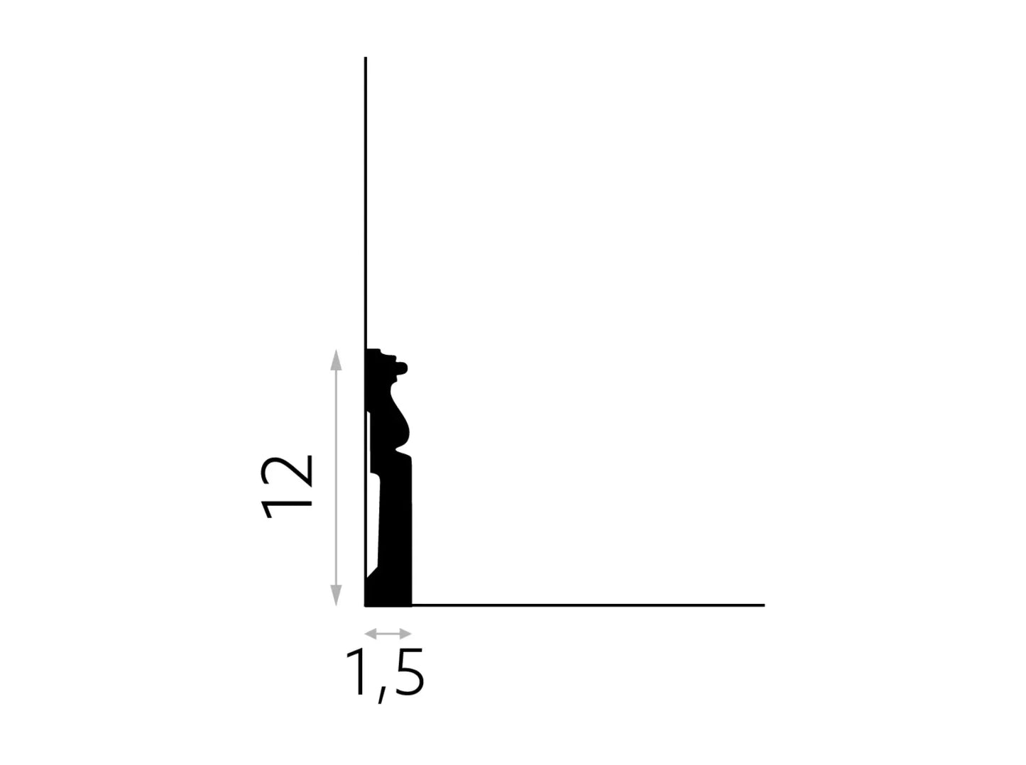 Schéma technique de la plinthe MD095 avec dimensions 200 x 12 x 1,5 cm