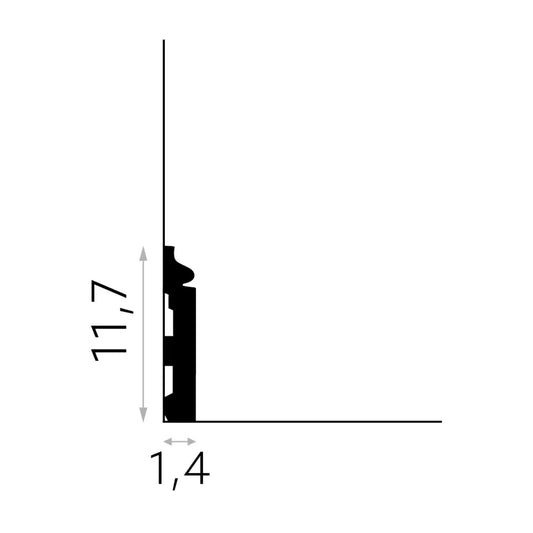 Schéma technique de la plinthe décorative MD358 – hauteur 11,7 cm, épaisseur 1,4 cm, moulure intérieure design