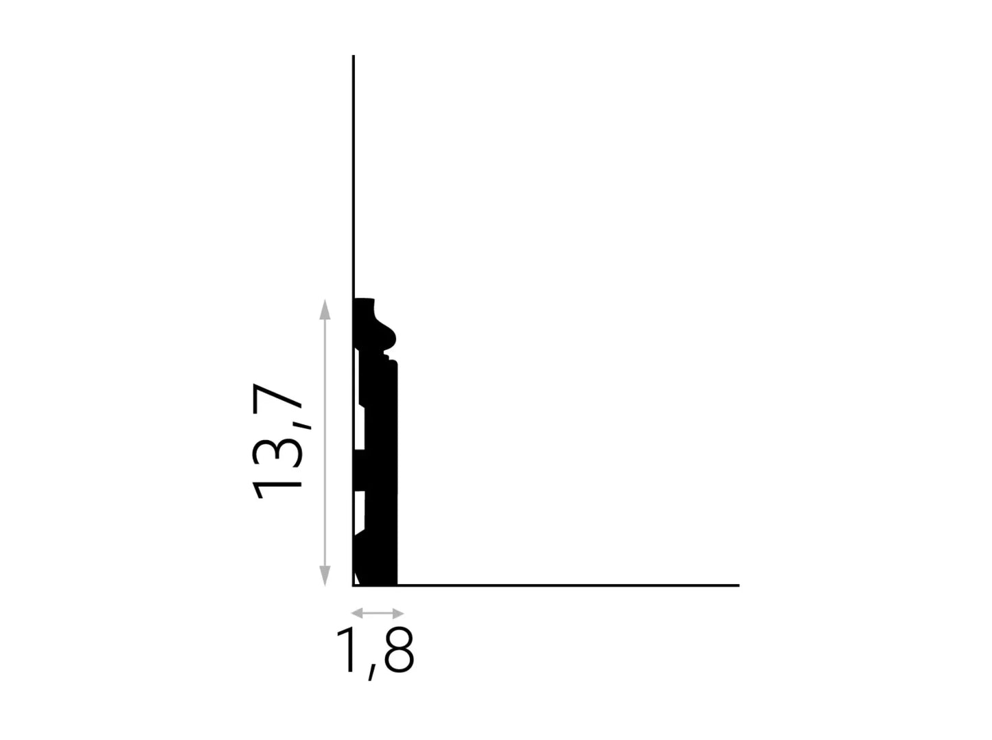 Schéma technique de la plinthe décorative MD360 – hauteur 13,7 cm, épaisseur 1,8 cm, profil mouluré classique