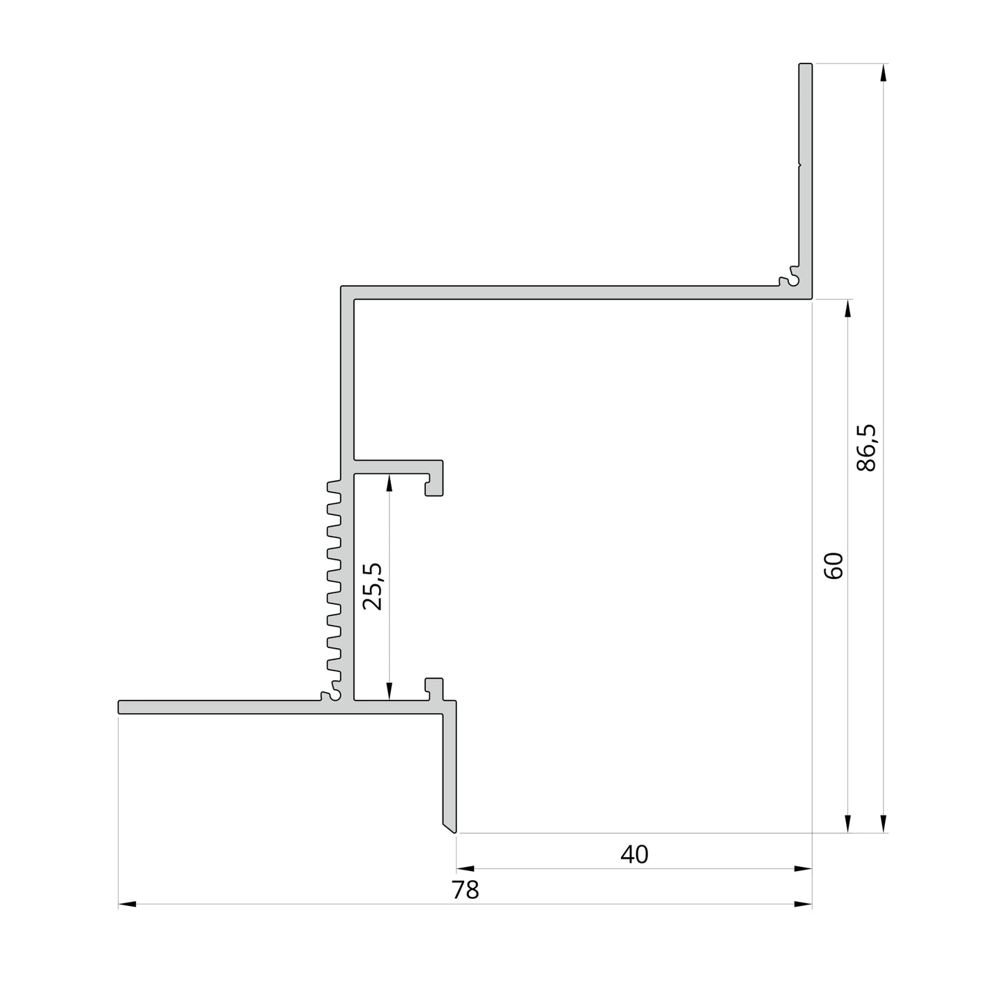 Schéma technique du profilé LED aluminium 40 mm avec dimensions précises pour intégration au plafond. Vue détaillée pour installation