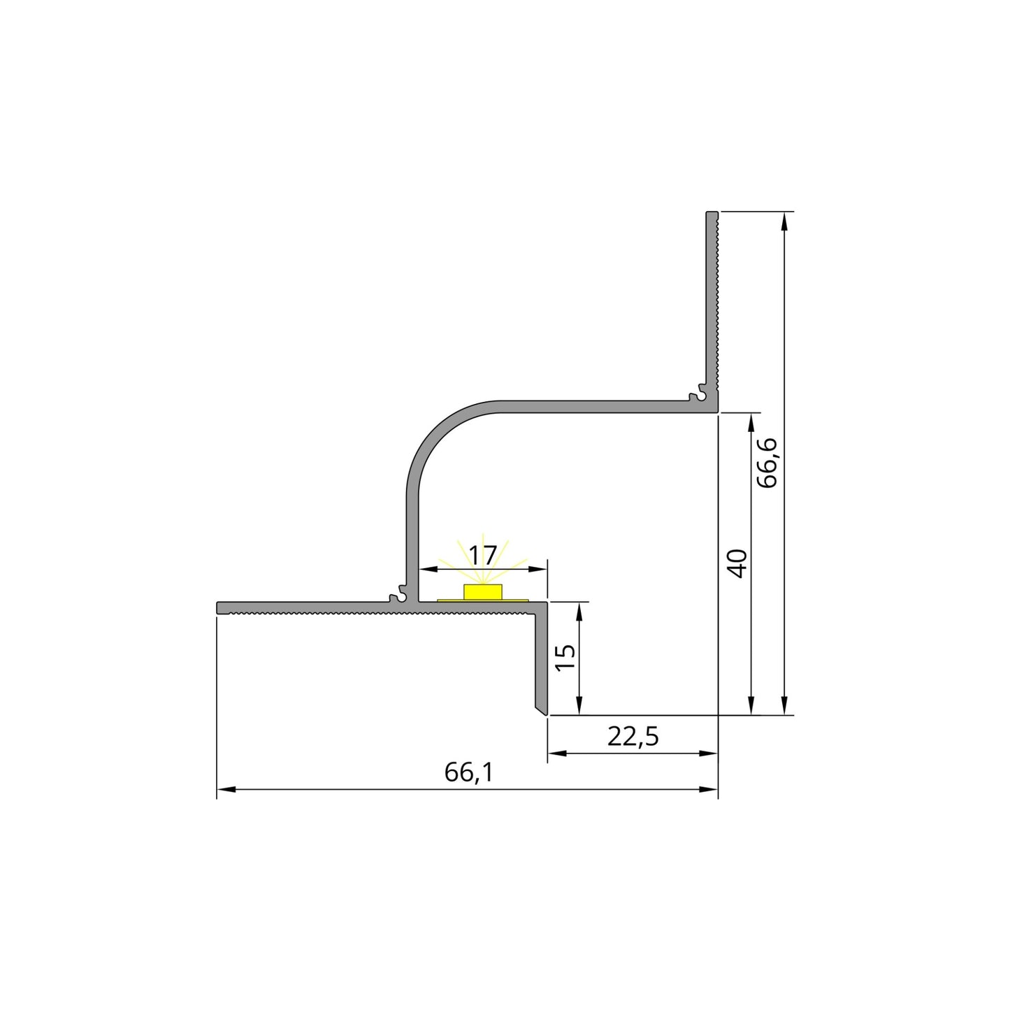 Schéma technique du profilé LED arrondi P13 en aluminium, 20 mm, pour éclairage indirect de plafond.