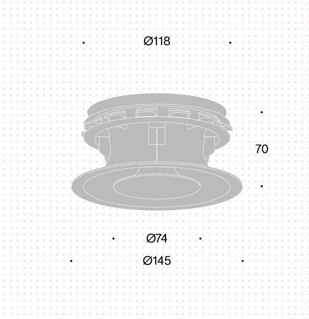 Schéma des dimensions de la bouche de ventilation design pradovent trim