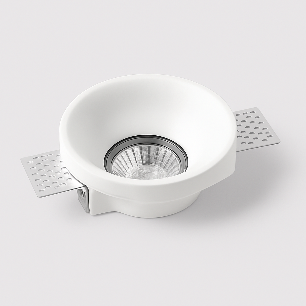 Spot invisible encastré en plâtre Ø100 mm, luminaire design à intégrer au plafond pour un éclairage moderne et discret.