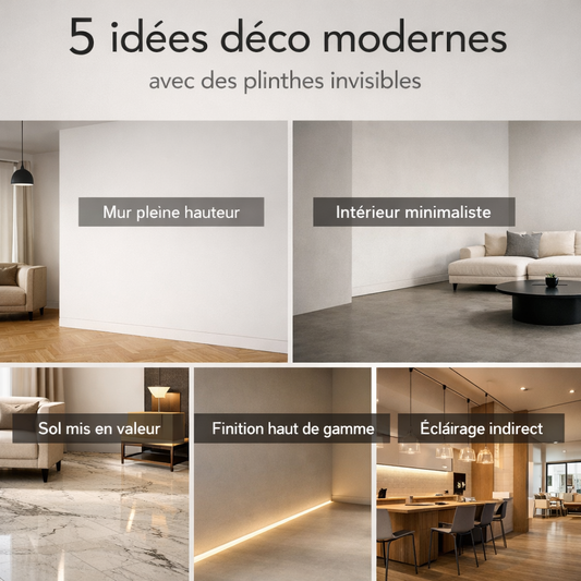 Intérieur moderne avec plinthe invisible affleurante, murs pleine hauteur, sol mis en valeur et éclairage indirect pour une finition contemporaine et minimaliste