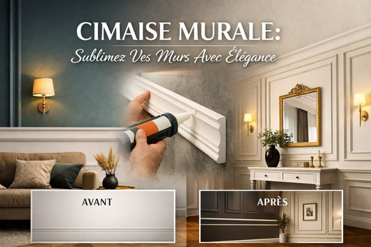   Avant et après décoration intérieure avec une cimaise murale décorative, montrant la pose et le rendu élégant sur un mur de salon.