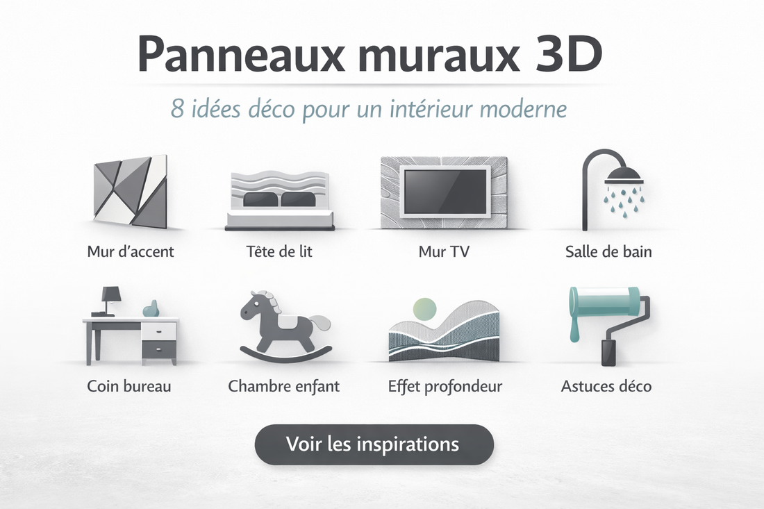 Illustration présentant 8 idées déco avec des panneaux muraux 3D : mur d’accent, tête de lit, mur TV, salle de bain moderne, coin bureau, chambre d’enfant, effet de profondeur et astuces décoratives pour un intérieur contemporain.