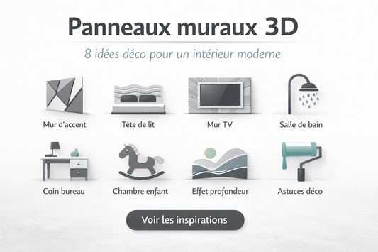 Illustration présentant 8 idées déco avec des panneaux muraux 3D : mur d’accent, tête de lit, mur TV, salle de bain moderne, coin bureau, chambre d’enfant, effet de profondeur et astuces décoratives pour un intérieur contemporain.