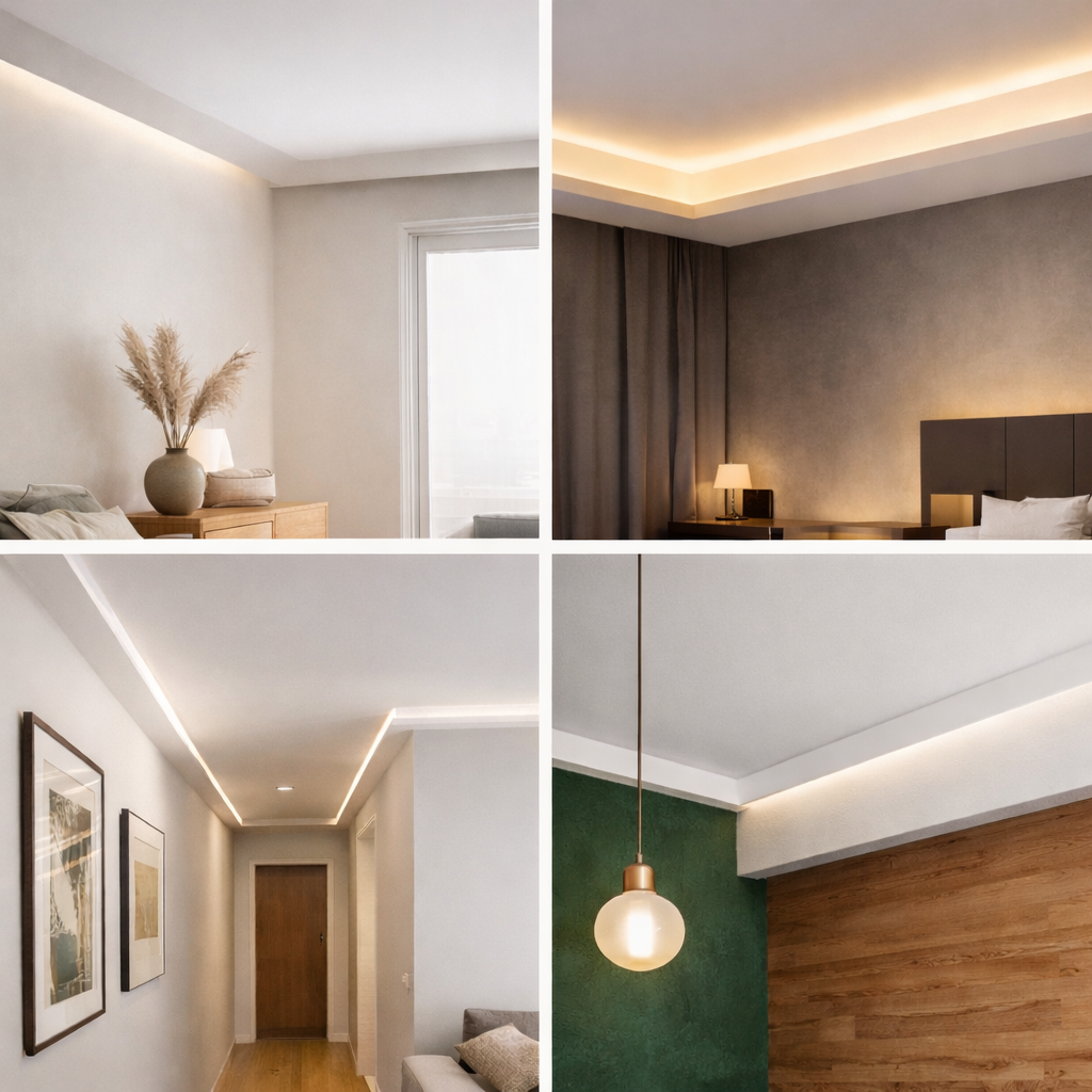 Intérieur moderne avec joint creux au plafond et éclairage indirect créant un effet plafond flottant et une ambiance contemporaine