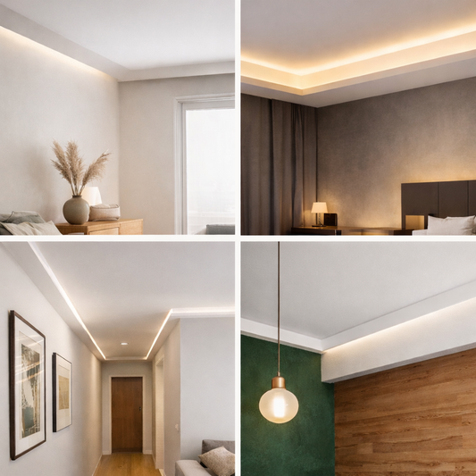 Intérieur moderne avec joint creux au plafond et éclairage indirect créant un effet plafond flottant et une ambiance contemporaine