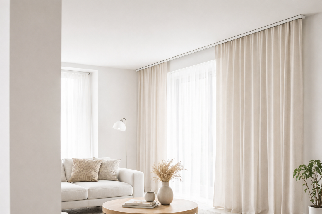 Rail à rideau plafond invisible avec rideaux en tissu clair, installé dans un salon moderne au design minimaliste pour une finition discrète et élégante.