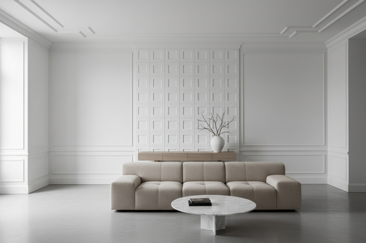 Finitions architecturales modernes 2026 - corniches affleurantes, plinthes invisibles et panneaux muraux 3D décoratifs pour intérieurs contemporains