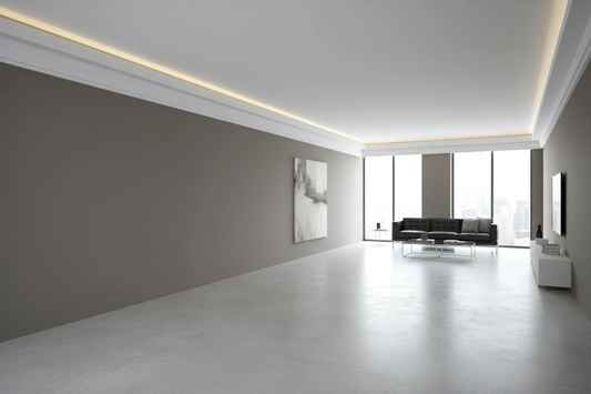 Intérieur minimaliste premium avec éclairage indirect et lumière naturelle