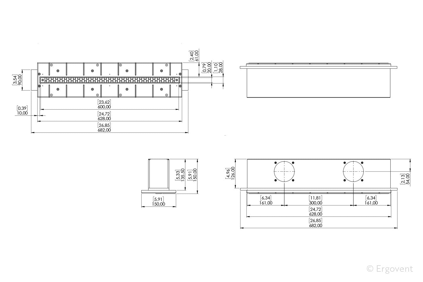 Diffuseur ventilation invisible linéaire 600 mm – ERGOVENT LINEO