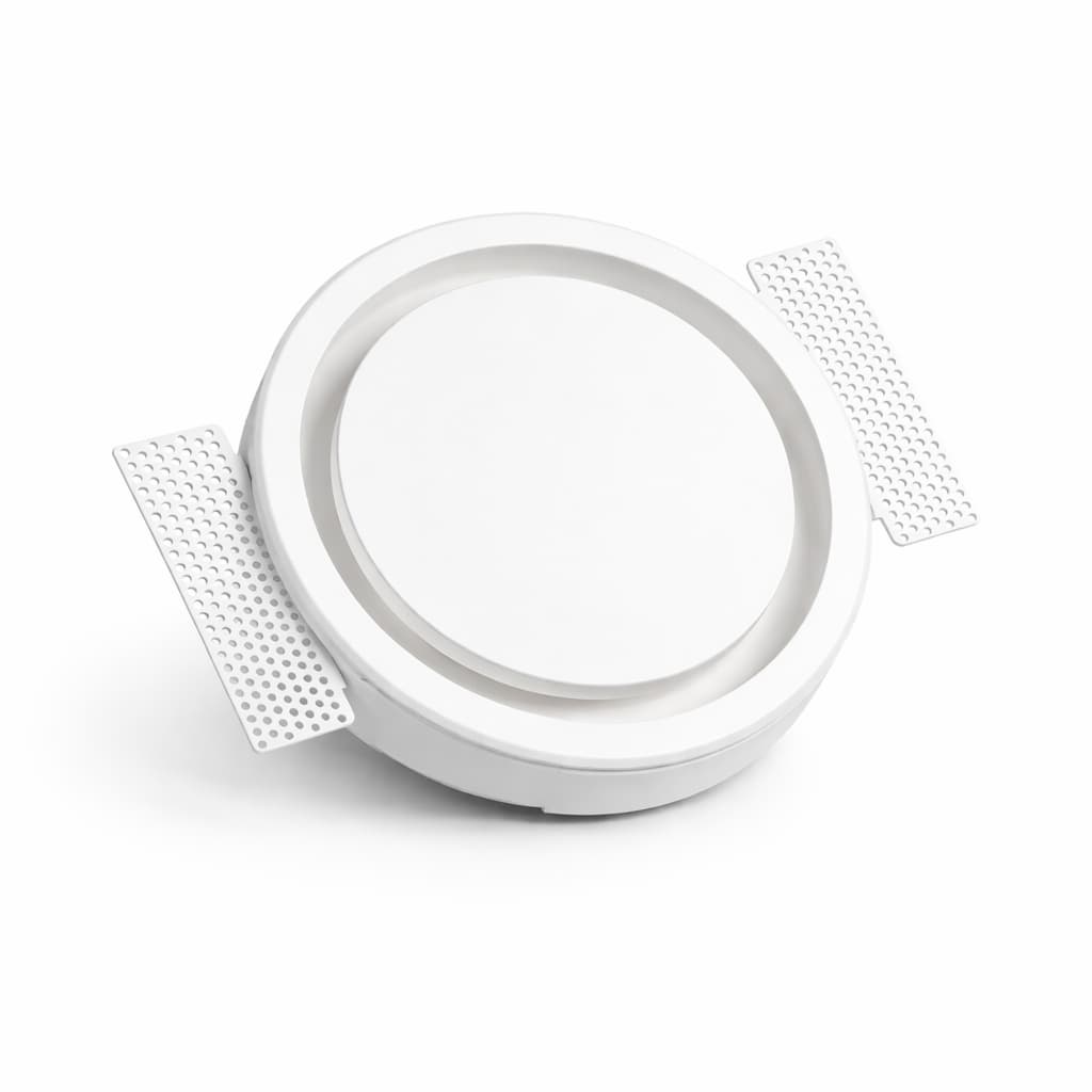 Bouche de ventilation invisible ronde Ø125 en plâtre à encastrer dans plafond placo, finition prête à peindre