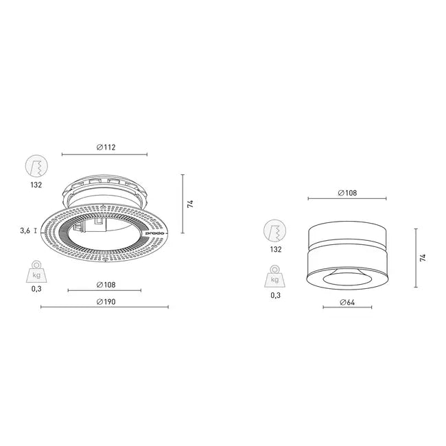 Dimensions bouche ventilation invisible Trimless PRADO Ø125 mm