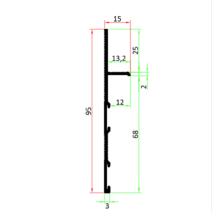 Schéma coté du profilé aluminium de 95 mm de hauteur et 15 mm de profondeur pour plinthe de 70 × 12 mm maximum